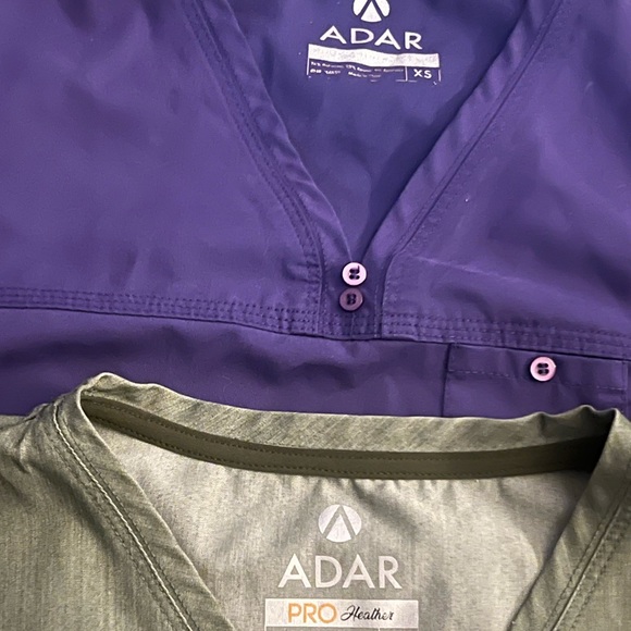 Xsmall Adar scrub tops. Grape, heather olive, fruit punch, spring leaf & coral. - Picture 2 of 4